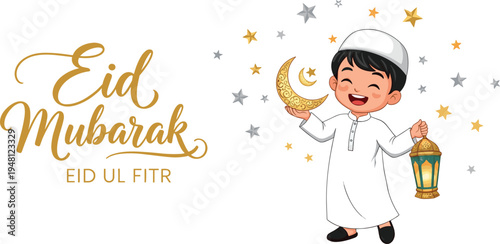 Festive Eid ul-Fitr illustration featuring cheerful child in traditional attire holding crescent moon and lantern with “Eid Mubarak” text for Islamic holiday artwork.