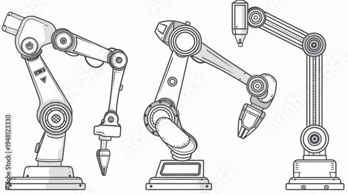 Line art illustration of four robotic arms in different poses, showcasing industrial technology