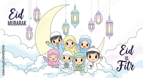Festive Eid ul-Fitr illustration featuring six children in traditional attire with crescent moon, pastel lanterns, clouds, and “Eid Mubarak” text for holiday artwork.