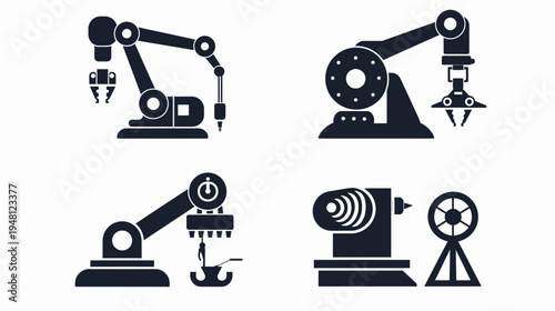 Four stylized illustrations of robotic arms and industrial machinery, all in a flat, dark monochrome
