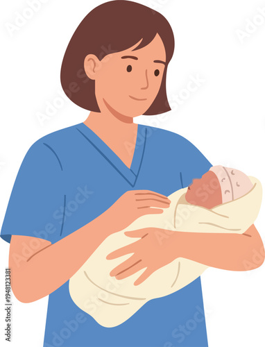 Nurse Holding Newborn Baby Flat Vector Illustration