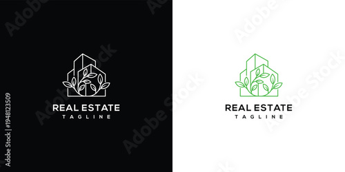 Green Real Estate Logo with Building and Leaves - Eco-Friendly Property.