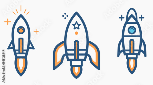 Three stylized, colorful rocket illustrations with blue and orange accents, ready for take off