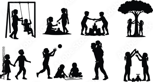 Children silhouettes playing together, childhood activities swing sandcastle ball drawing clapping carrying toys, social bonding illustration, cad drawing flat vector illustration
