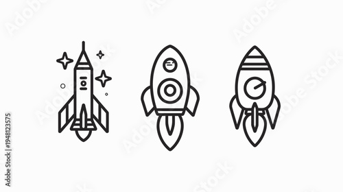 Three minimalist black and white rocket ship illustrations, suitable for space or technology themes
