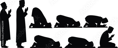 Islamic prayer silhouettes, salah worship positions, standing bowing prostrating sitting, Muslim religious ritual illustration, spirituality vector design, cad drawing flat vector illustration