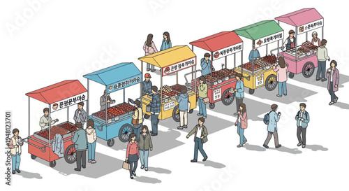 Street food market with colorful stalls and people buying snacks