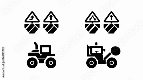 Collection of road signs and construction vehicle illustrations in bold black and white style