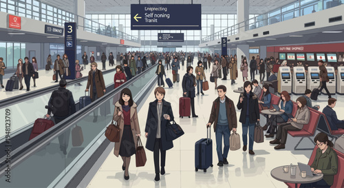 Busy Airport Terminal with Travelers, Departure Hall, Escalator, and Information Signs