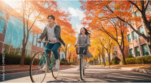 Young Couple Cycling on Campus Amidst Autumn Foliage