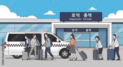 Pixel Art People Arriving and Departing at Train Station with Taxi and Luggage