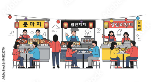 Korean Street Food Market Scene with People Eating and Vendors Serving