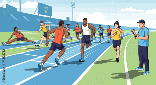Athletes racing on track, coach timing sprint competition, sports stadium, healthy lifestyle