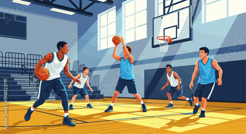 Teenage boys playing basketball indoors on a wooden court, teamwork and sports concept