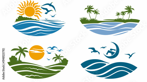 Four colorful graphical illustrations, each depicting stylized landscapes with sun, waves, islands, and birds