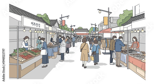 Bustling Traditional Market Street Scene with People Shopping at Stalls