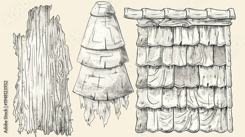 Three grayscale illustrations weathered wood, stacked roof, and a tiered object, all with watercolor texture