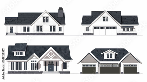 Digitally created illustration of four different modern house exteriors in simple color palette
