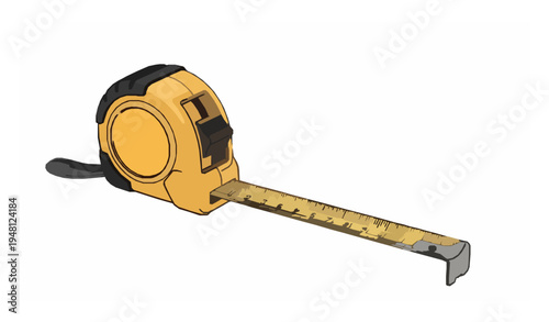 Yellow construction tape measure tool with extended ruler vector illustration