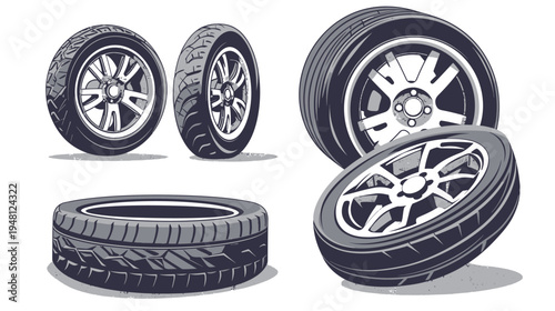 Stylized illustration of four automotive tires and rims in different orientations, on a white background