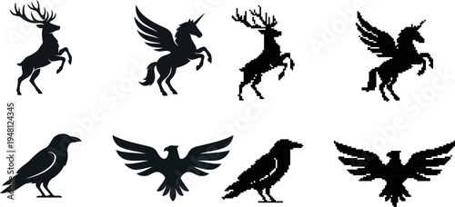 Four black silhouette animals deer unicorn raven and eagle on transparent background