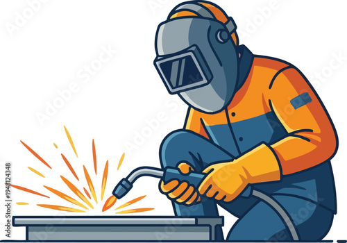Professional Welder in Protective Gear Working with Sparks