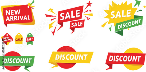 New Arrival, Sale, and Discount Tags Set with Bold Colors and Promotional Banners for Retail Marketing and Advertising