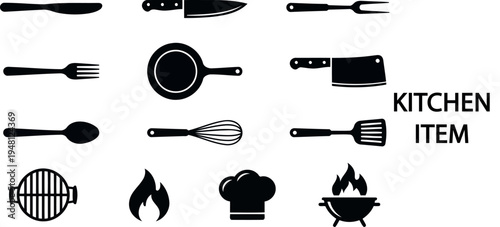 Black silhouette illustrations of kitchen utensils and cooking elements on transparent background
