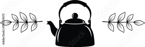 tea kettle with leaf branches illustration, herbal tea concept, natural beverage icon, vintage teapot silhouette isolated design