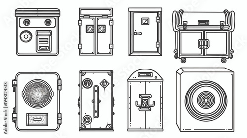 Black and white line art depicting various types of equipment, tools, and containers
