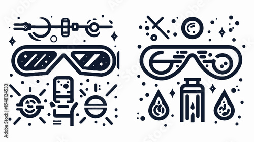 Two abstract vector illustrations, featuring goggles, geometric shapes, and various scientific elements