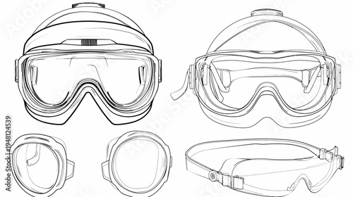 Black and white illustration of diving goggles, showing different perspectives