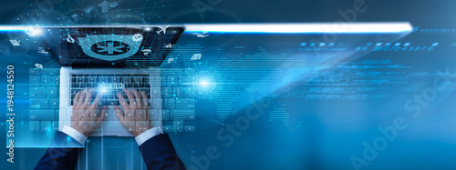 Photos Analyst using laptop with insurtech platform on keyboard and analyzing digital insurance data, policy management, claims processing, risk assessment, and technology-driven insurance services