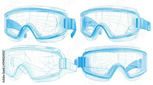 Four views of blue-tinted goggles rendered in a watercolor style against a white background