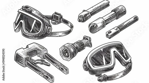 Black and white illustration featuring multiple diving or swimming goggles and related accessories