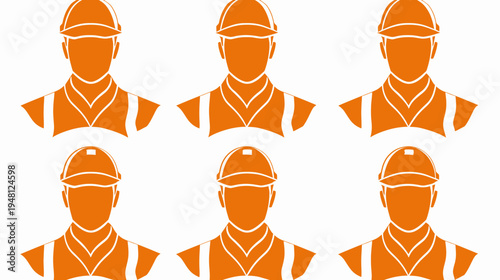 Six orange silhouettes of workers, each wearing a hard hat and safety vest, on a white background