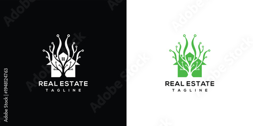 Real Estate Logo House with Growing Tree  Tech Elements.