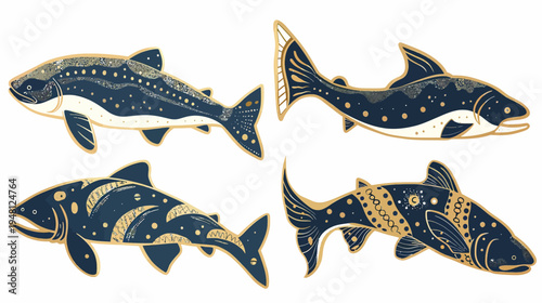 Four stylized illustrations of fish in a decorative style with a mix of dark blue and gold tones