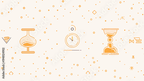 A time-themed illustration with clock and hourglass icons on a light, dotted background