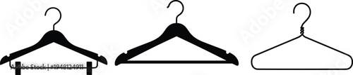 Clothes hangers variety, clip hanger design, plastic broad shoulder hanger, wire hanger illustration, clothing organization concept, minimalist fashion accessory artwork
