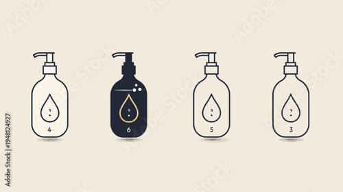 Illustration of multiple soap dispensers in various colors and styles, with droplet graphic