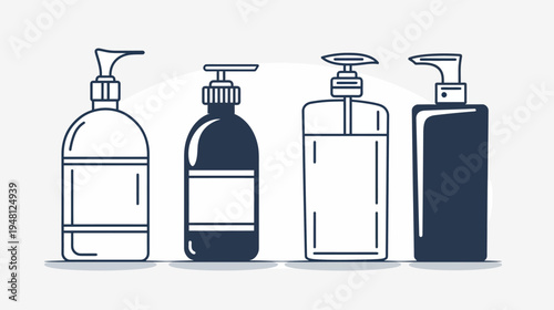 A minimalist illustration of four different cosmetic pump bottles, outlined in black and white
