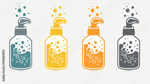 Four stylized bottles with dispensing pumps, filled with liquid and bubbles in varying colors