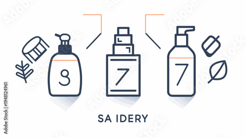 Minimalist illustration of cosmetic products, including bottles, leaves, and geometric shapes