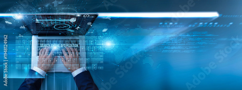 фотографія SEO specialist using laptop with search engine optimization tools on keyboard and analyzing website ranking data, keywords, traffic trends, algorithm performance, and online visibility strategies