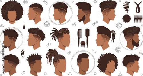 Black Men Hairstyles Collection with Afro, Fade, Dreadlocks, Braids and Curly Hair Styles for Barbershop Guide, Grooming Fashion and Haircut Illustration Set