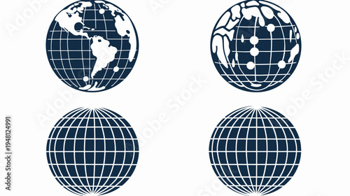 Four stylized illustrations of globes with gridlines and landmass outlines