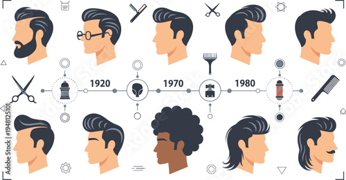 Men Hairstyles Evolution Timeline with Vintage and Modern Haircuts from 1920 to 1980 for Barbershop Fashion History and Grooming Style Illustration