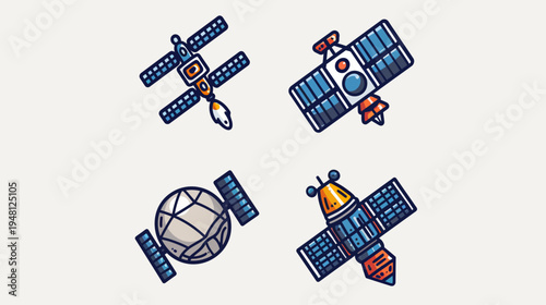 Colorful illustrated set of satellites in various designs, positioned on a cream colored background