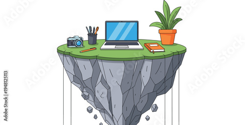floating workspace island with laptop, creative remote office concept illustration, modern freelance desk setup with plant camera notebook isolated